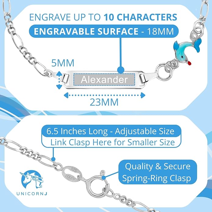UNICORNJ 925 Italy Sterling Silver Child or Baby Name Bracelet Girls Boys, Personalized Engraved Kids ID Bracelets, 6.5" Figaro Chain, Enamel Charm Newborn Infant Toddler Kid Jewelry