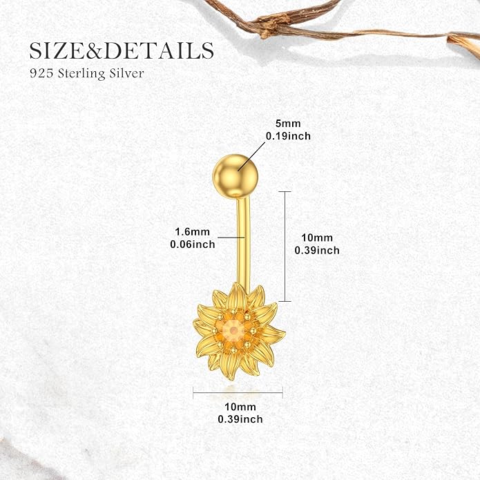 Sunflower Belly Button Ring 925 Sterling Silver 18K Gold Plated Natural Citrine Sunflower Navel Piercing Nail Jewelry Gifts for Women
