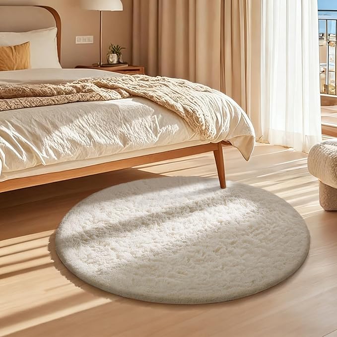 Ophanie 2 Ft Round Area Rug, Ivory Washable Shag Rug for Indoor Floor, Non-Slip Decorative Rug for Living Room, Bedroom and Home Decor