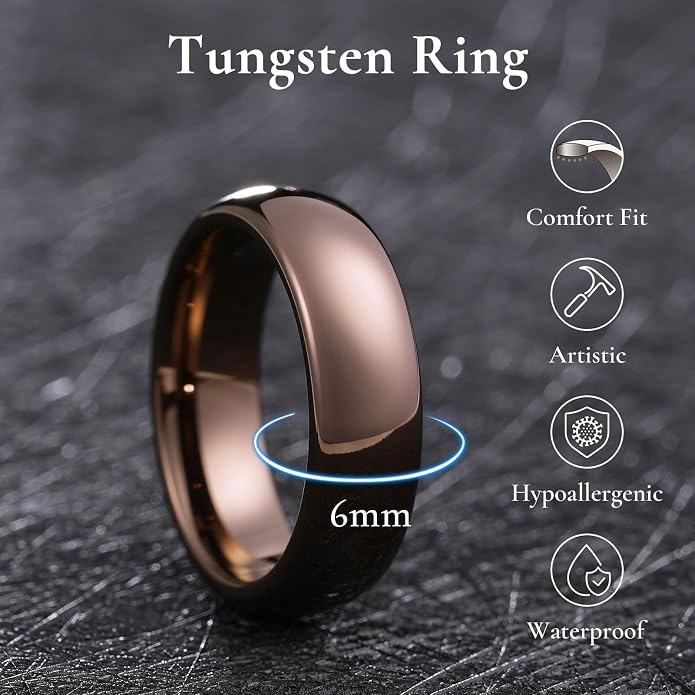 King Will Men's Women's Tungsten Carbide Ring 24k Gold Plated Rose Gold Plated Domed Polished Finish Wedding Band