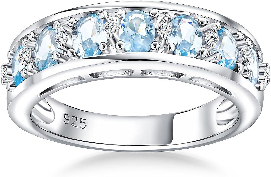 DAYBYDAY Oval Band Rings for Women, 925 Sterling Silver/14k Gold Plated Half Eternity Ring, Aquamarine/Ruby/Emerald/Sapphire Birthstone Rings, Thick Band Gemstone Anniversary Ring Size 6 to 10