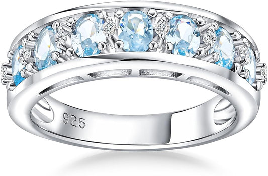 DAYBYDAY Oval Band Rings for Women, 925 Sterling Silver/14k Gold Plated Half Eternity Ring, Aquamarine/Ruby/Emerald/Sapphire Birthstone Rings, Thick Band Gemstone Anniversary Ring Size 6 to 10