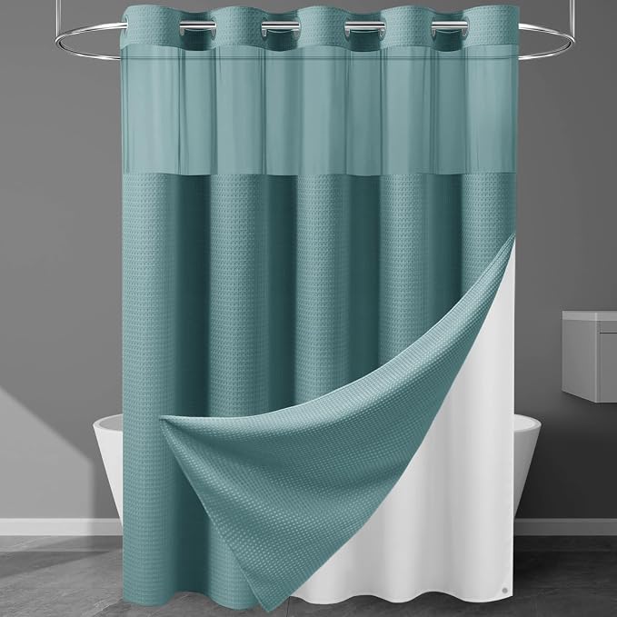 EUTXL Heavyweight Teal Long No Hook Shower Curtain with Snap in Liner,256GSM Waffle Weave Shower Curtains for Bathroom,71W x 86H