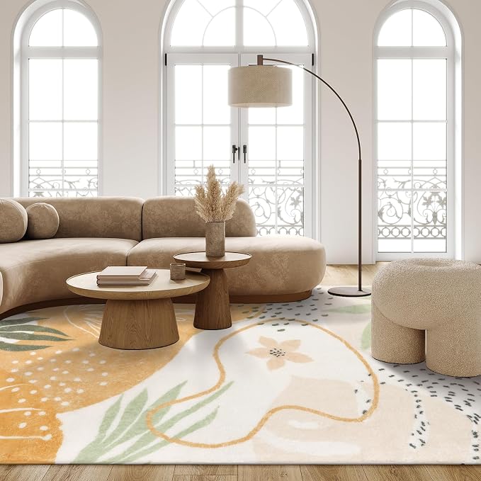 Lahome Boho Rugs for Living Room 8x10 - Washable Non-Slip Backing Large Carpet Ultra-Thin Throw Soft Bedroom Area Rug，Taupe Botanical Print Ultra-Thin Rug for Classroom Nursery Dining Room Farmhouse