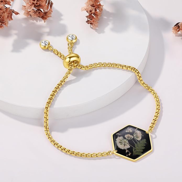 AUNTESIGN Forget-Me-Not Pressed Wildflower Bracelet | Pressed Flower Bracelet | Gold/Silver Pressed Flower Jewelry | Personalized Handmade Jewelry | Gift For Women