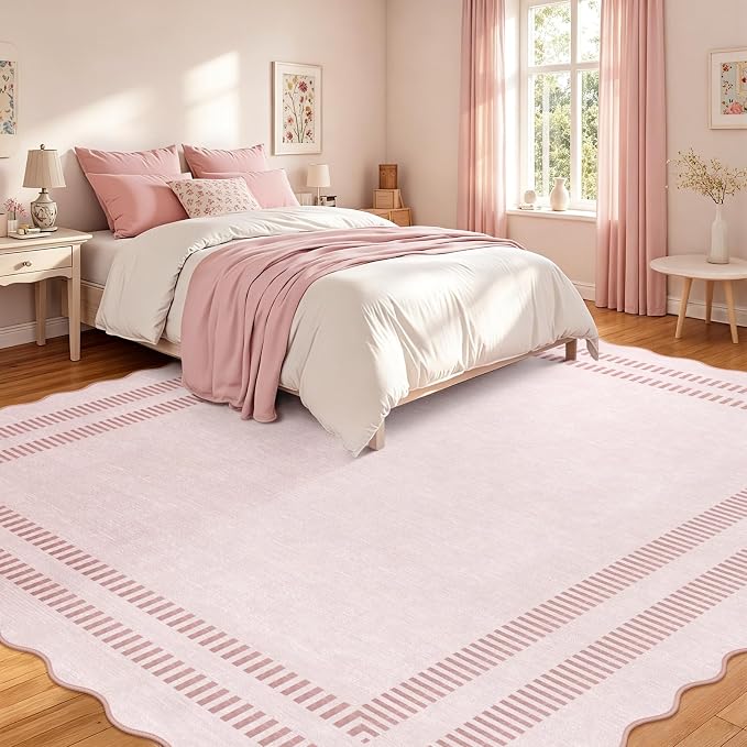 Pink Rugs for Living Room 8x10, Soild Machine Washable Area Rugs for Bedroom Girls, Non Slip Ultra-Thin Low-Pile Carpet for Playroom Nursery Kids Room