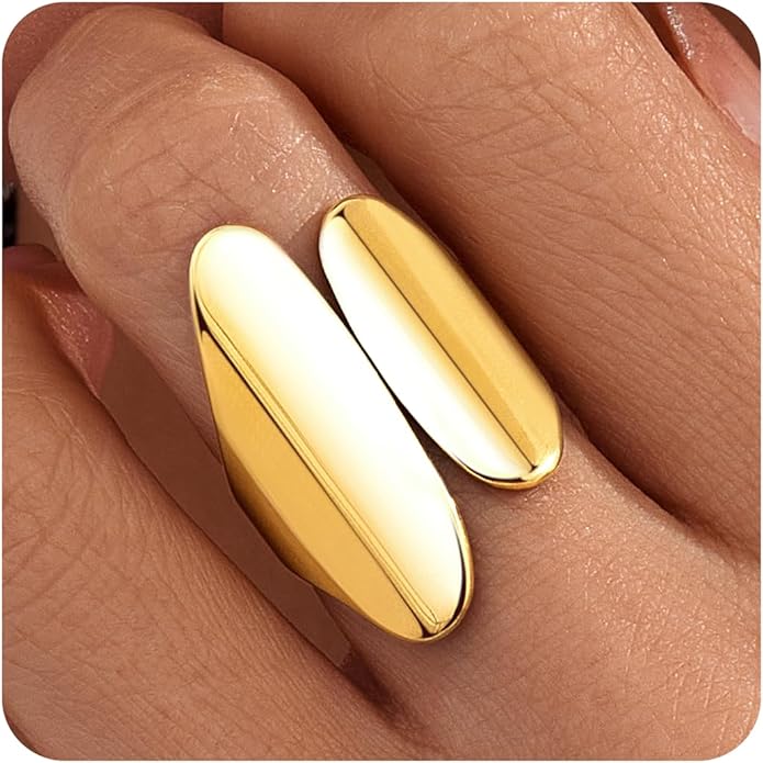 Gelbesty Waterproof Gold Statement Rings for Women, 14K Gold Plated Chunky Open Stackable Rings Non Tarnish Fashion Adjustable Stainless Steel Pinky Knuckle Signet Vintage Ring Jewelry Size 5-11