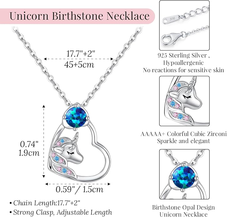 CDE Christmas Gift for women Cute Unicorn Birthstone Necklace for Girls Daughter 925 Sterling Silver Opal Heart Pendant Graduation Birthday Christmas Jewelry Gift for Teenage Girls Niece