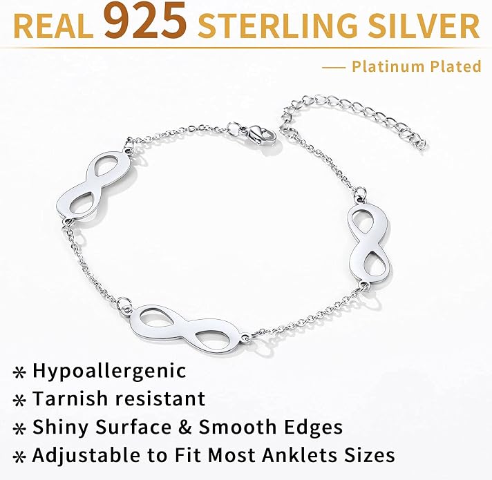 ChicSilver Personalized 925 Sterling Silver Infinity Anklets for Women, Dainty Beach Foot Jewelry (with Gift Box)
