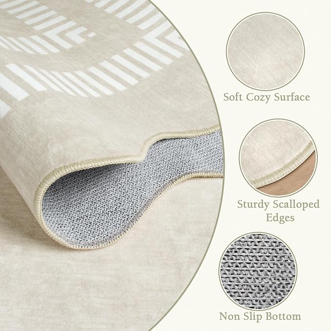 Round Area Rugs 6ft for Bedroom, Ivory Washable Circle Rug Soft Non Slip Floor Scalloped Carpet Indoor Thin Rug for Living Room Dining Room Playroom Nursery