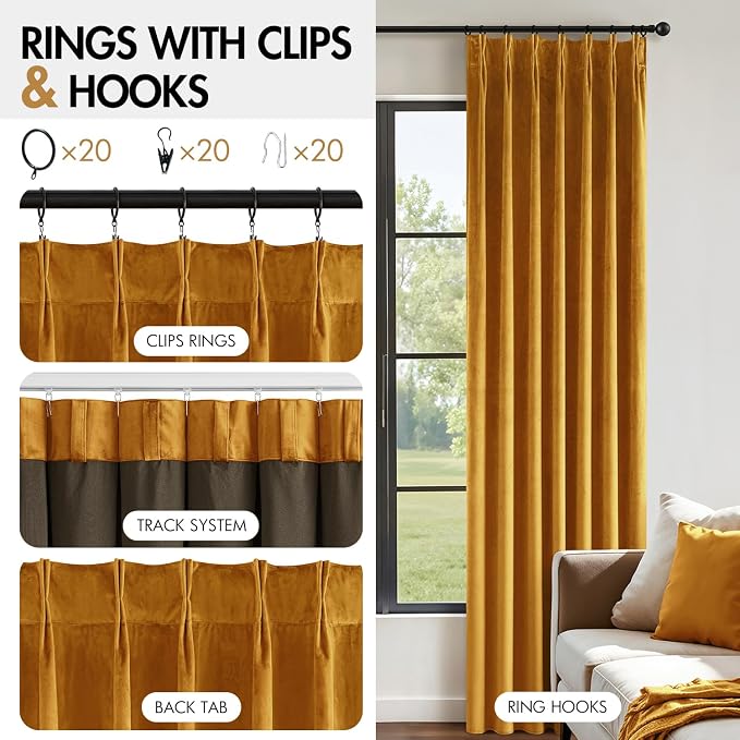 MIULEE Mustard Yellow Velvet Curtains 84 inches Long, Pinch Pleated Blackout Drapes with Hooks, Thermal Insulated Pinch Pleat Panels for Bedroom Living Room, 2 Panels