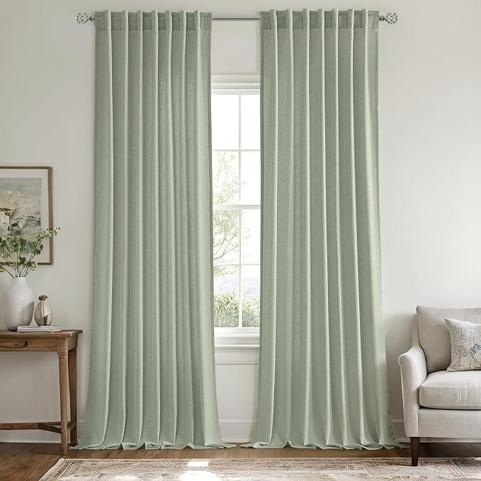 MIULEE Non-See-Through Privacy Linen Curtains 52W x 96L Inch Light Green | 2 Panels, Light Filtering, Semi Sheer Window Curtains, Farmhouse Textured, Back Tab Drapes for Bedroom Living Room