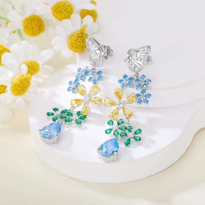 925 Sterling Silver Colorful Chandelier Teardrop Dangle Earrings Statement Flower Stud Earrings for Women Party Prom