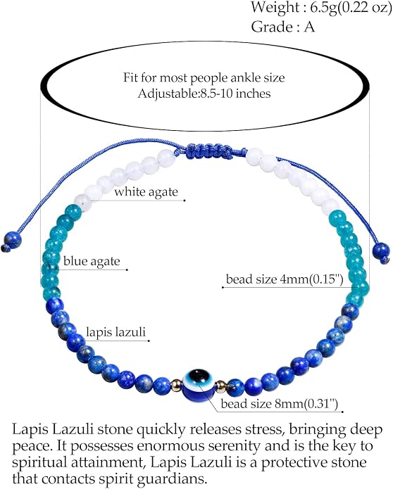 Evil Eye Anklet Bracelets for Women Energy Healing Crystals and Gemstones Worry Stone Beach Foot Meditation Yoga Jewelry