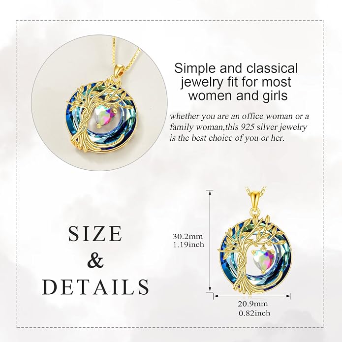 POPLYKE Mothers Day Gifts for Mom Her Wife Tree of Life Necklace 925 Sterling Silver Birthstone Pendant with Crystal Anniversary Birthday Wedding Jewelry for Women