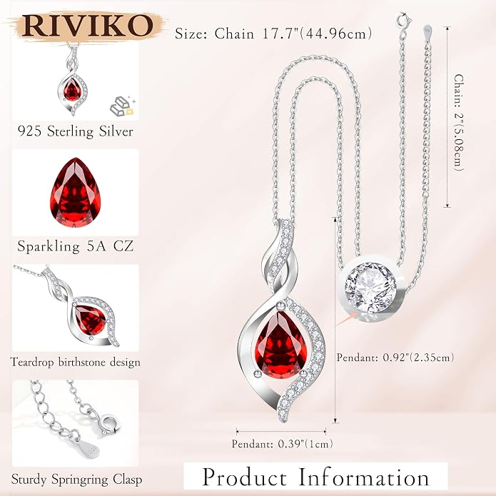 RIVIKO Valentines Day Gifts for Her-Infinity Birthstone Necklace for Women,925 Sterling Silver Teardrop Necklace, Womens Jewelry Birthday Gifts for Women Friend Her Mom Wife Lady