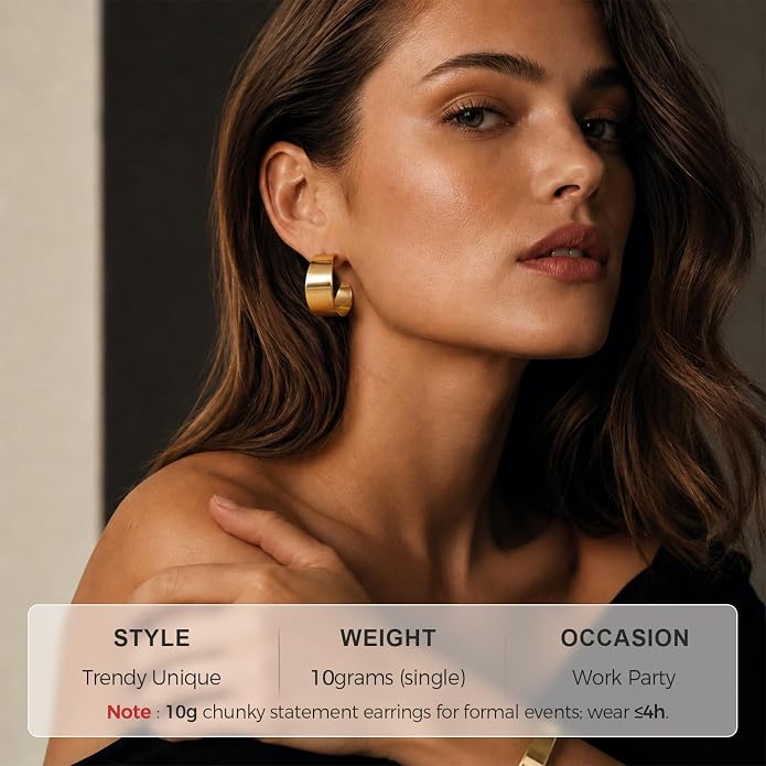 Chunky Gold Hoop Earrings for Women, 18K Gold Plated Earrings with S925 Sterling Silver Post, Thick Statement Wide Hoops Hypoallergenic Jewelry for Gifts Trendy