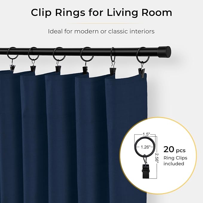 INOVADAY 100% Blackout Curtains for Bedroom, Midnight Blue Black Out Curtains 72 Inch Long, Clip Rings Linen Blackout Drapes, Thermal Insulated Room Darkening for Living Room, 2 Panels - W50xL72