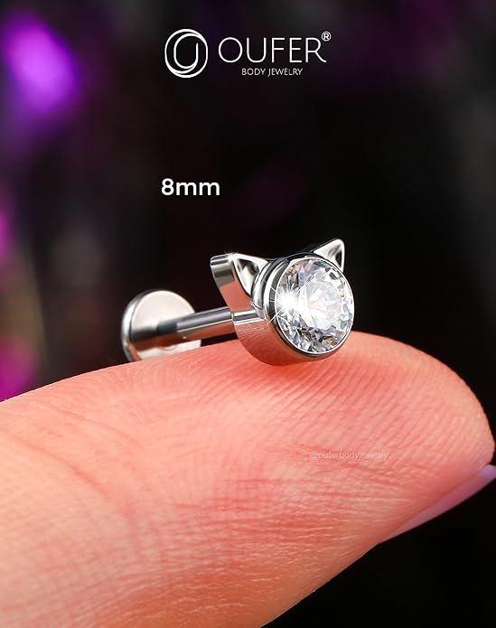 OUFER Cute Kitten Helix Piercing, Silver 16G Helix Earrings Flat Back Internally Threaded Helix Cartilage Piercing Jewelry for Women Men-8MM-6MM