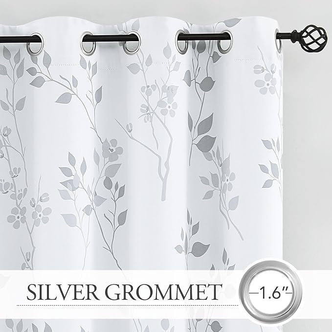 Beauoop Floral 100% Blackout Curtains for Bedroom Grey White 52X54 2 Panels | Flower Patterned Room Darkening Drapes for Living Room 54 Inches Long Thermal Insulated Soundproof Window treatment Grommet