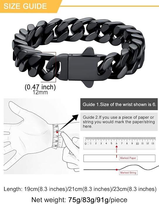 U7 Cuban Link Bracelets for Men Stainless Steel Wrist Bracelet Silver Black Gold Cuban Hand Chain Bracelet for Mens Women, 5/7/9/12mm Width, 7.5/8.3/9 Inch Length Classic Jewelry with Box Packed