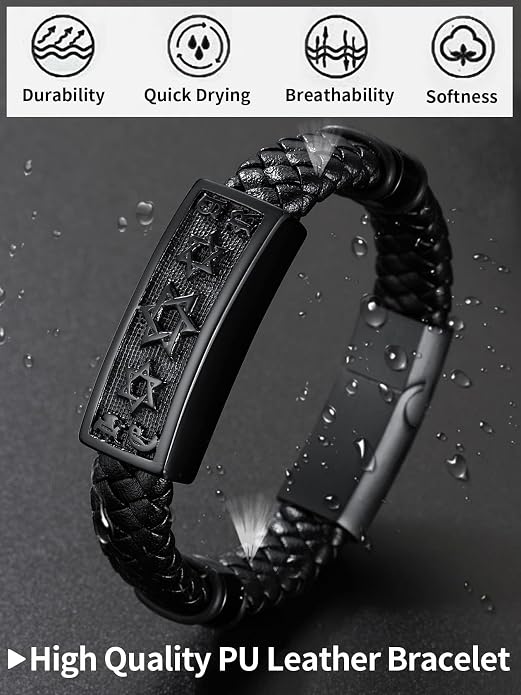 ChainsHouse Mens Wrap Braided Leather Black Bead Bracelets Bangles, Vintage Star of David/Wing Skull/Templar Cross Genuine Leather Bracelet, Customize Available, Size 7.5/8.3/9.0 Inch, Send Gift Box