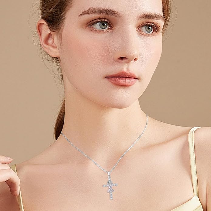 HPQQ Cross Necklace 925 Sterling Silver Turquoise Tree of Life Celtic Knot Cross Pendant Jewelry Mother's Day Gifts for Women