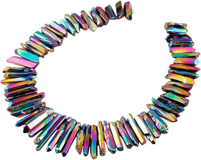 SUNYIK Rainbow Aura Titanium Coated Crystal Points Quartz Polished Sticks Spikes Point Beads 15 inch Strand Drilled