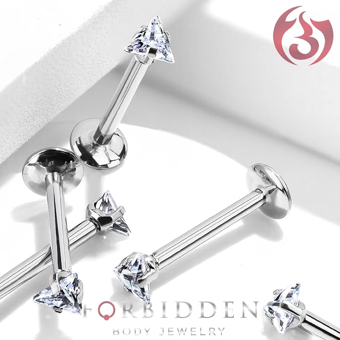 Forbidden Body Jewelry 16 g Titanium Internally Threaded CZ Triangle Flat Back Piercing Stud Earring, Helix, Cartilage, Labret, Monroe for Women or Men