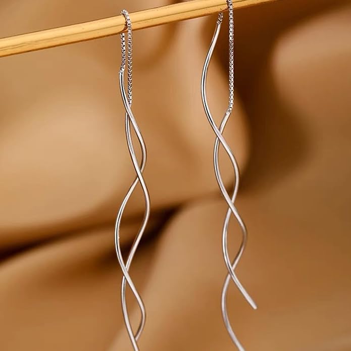 925 Sterling Silver Dainty Hard Wire Threader Dangle Earrings for Women 14k Gold Plated Tassel Threader Pull Through Long Half Hoop Earring Wedding Bridal Birthday Jewelry Gifts