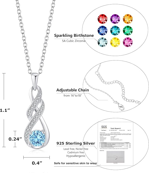 Birthstone Necklaces for Women 925 Sterling Silver Infinity Pendant Created Gemstone Jewelry for Her, 16"+2"