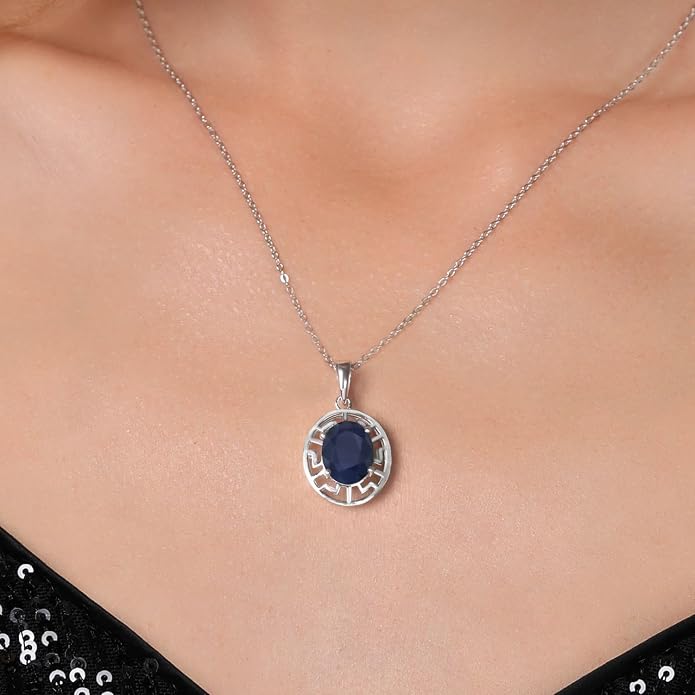 Gem Stone King 925 Sterling Silver 10X8MM Oval Gemstone Birthstone Necklace | Greek Key Pendant Necklace for Women | With 18 Inch Silver Chain