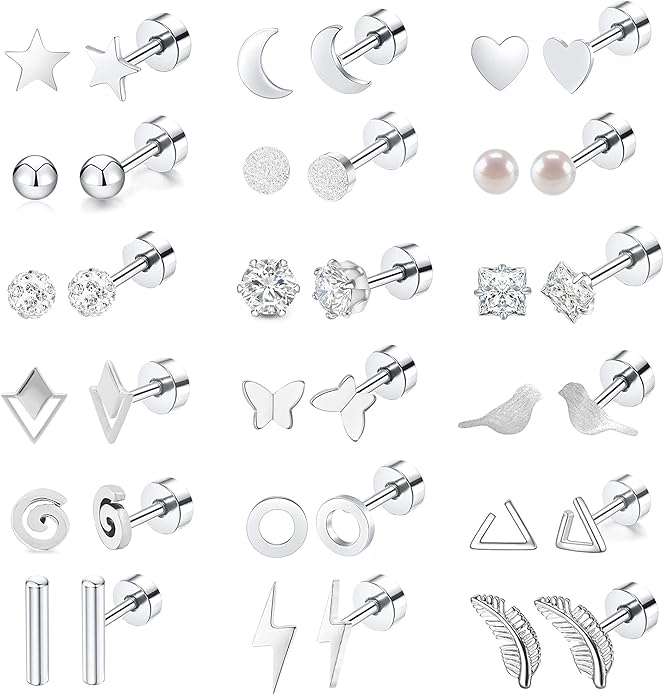 MJust 18 Pairs Women‘s Hypoallergenic Flat Back Stud Earrings, 20g Stainless Steel Earrings Sets for Men, Tiny Unisex Screw Back Cartilage Earrings.
