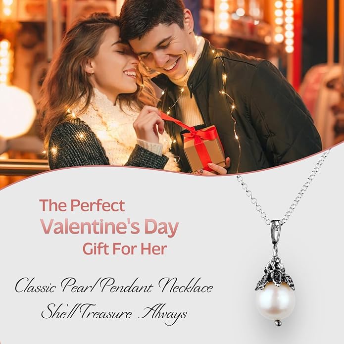 Paz Creations 925 Sterling Silver Pearl Pendant Necklace with Round Ball-Shape White Freshwater Pearl and Handcrafted Floral Cap - Natural Elegant Jewelry