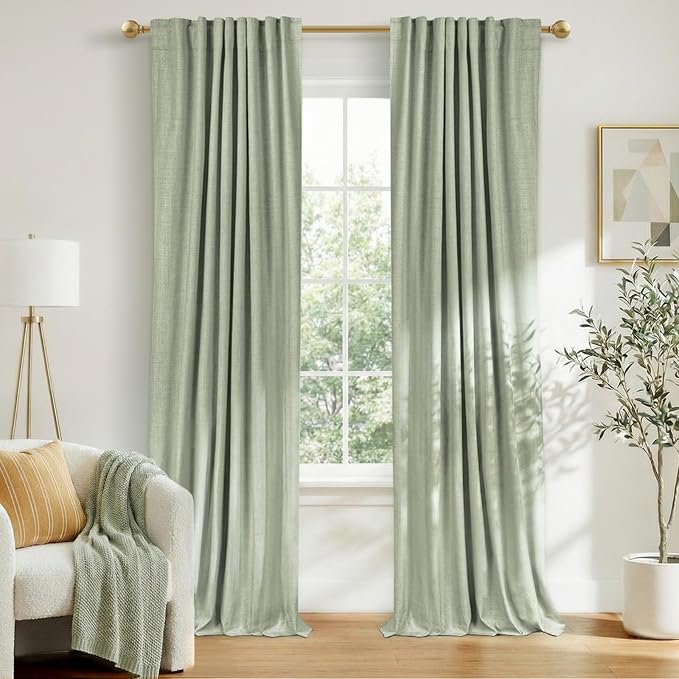 100% Blackout Shield Linen Blackout Curtains for Bedroom 63 Inches Long, Back Tab/Rod Pocket Living Room Drapes, Thermal Insulated Blackout Curtains 2 Panels Set, 50" W x 63" L,Sage Green