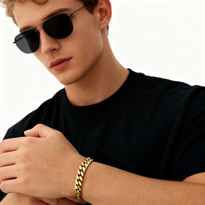CaptainSteeL Cuban Link Chain Bracelet for Men- 316L Stainless Steel 9/10MM Width Fashion Pattern Snap Button Hip Hop Jewelry,Two Style Cuban Bracelets 18K Gold Plated/Stainless Steel with Gift Box