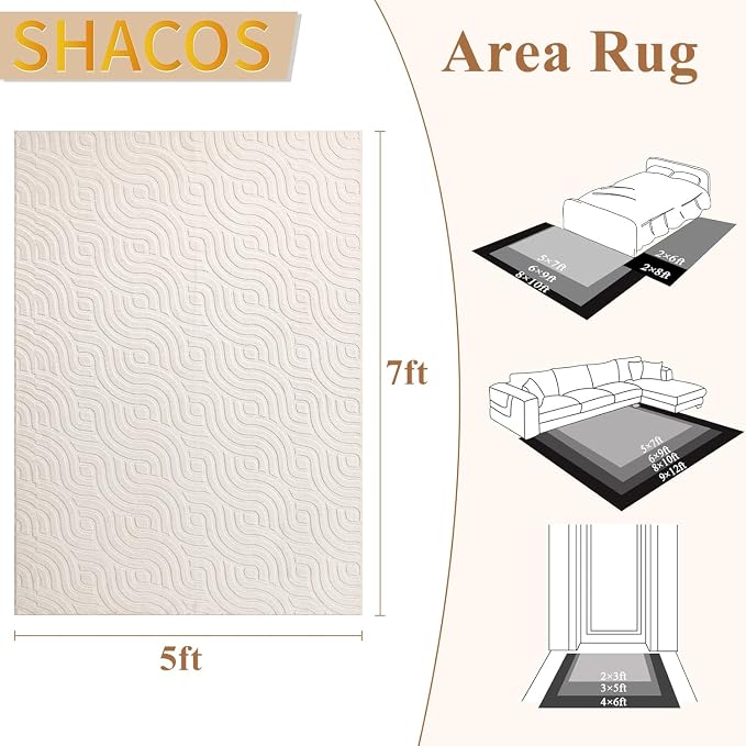SHACOS 5x7 Soft Area Rugs for Living Room Beige Solid Color Fluffy Rug for Bedroom Non Slip Washable Indoor Mat Floor Carpet for Kids Room Nursery Dining Room, High-Low Pile Boho Modern Rug