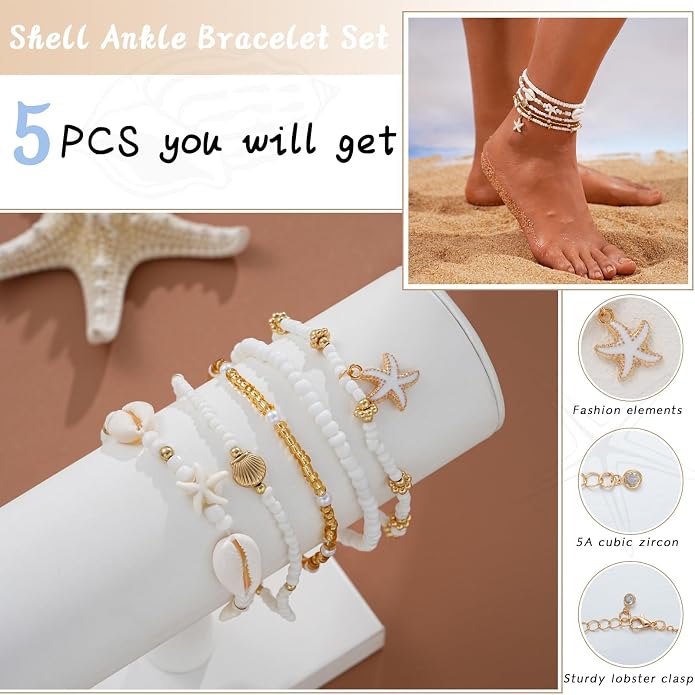 Boho Shell Ankle Bracelet Set for Women, 5 Pairs 14K Boho Bead Handmade Adjustable Anklet, Hawaiian Beach Seashell Starfish Foot Jewelry Gifts