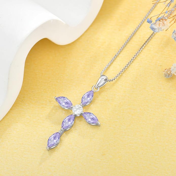 JO WISDOM Cross Necklace for Women,925 Sterling Silver Birthstone Necklaces Cubic Zirconia Cross Pendant Necklace Dainty Jewelry Gifts