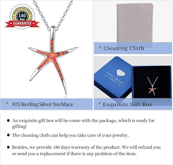 Cuoka Starfish Necklace, 925 Sterling Silver with Opal, Hawaiian Beach Nautical Ocean Pendant, Starfish Jewelry Opal Jewelry Valentine for Women Girlfriend