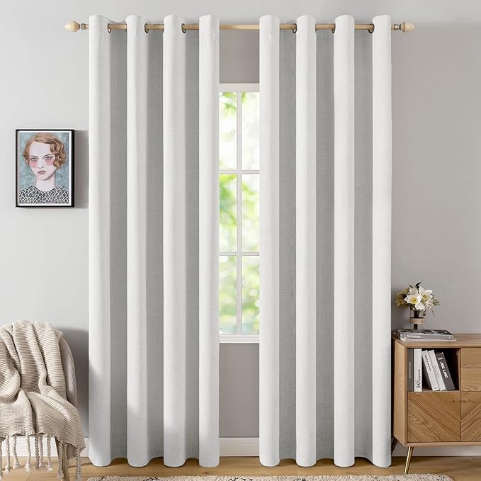MIULEE 100% Blackout Linen Textured Curtains for Bedroom Solid Thermal Insulated Heathered White Grommet Room Darkening Curtains & Drapes Luxury Decor for Living Room 52 x 96 Inch (2 Panels)