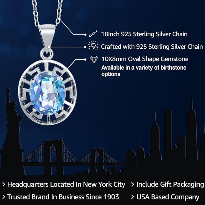 Gem Stone King 925 Sterling Silver 10X8MM Oval Gemstone Birthstone Necklace | Greek Key Pendant Necklace for Women | With 18 Inch Silver Chain