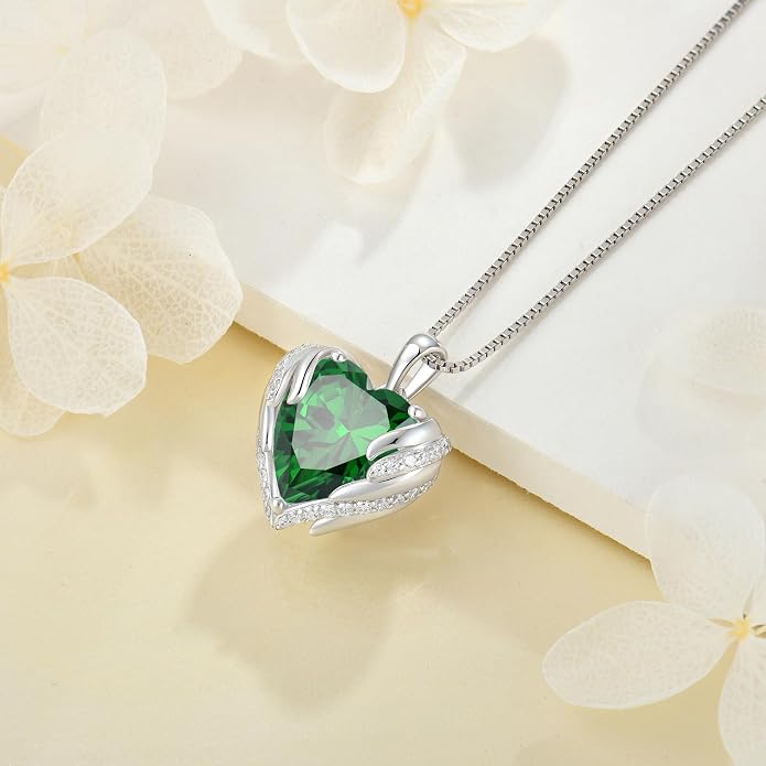 Angel Wings Necklace for Women 925 Sterling Silver Cubic Zirconia Love Heart Birthstone Pendant Necklaces