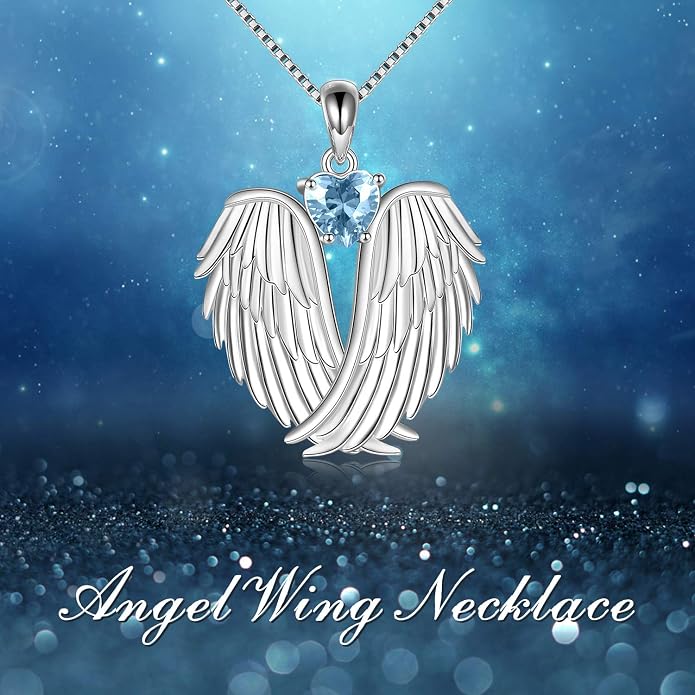 YFN Angel Wings Necklace 925 Sterling Silver Guardian Angel Wings Pendant Necklace Birthstone Necklace for Women Girls Christmas Jewelry Gifts