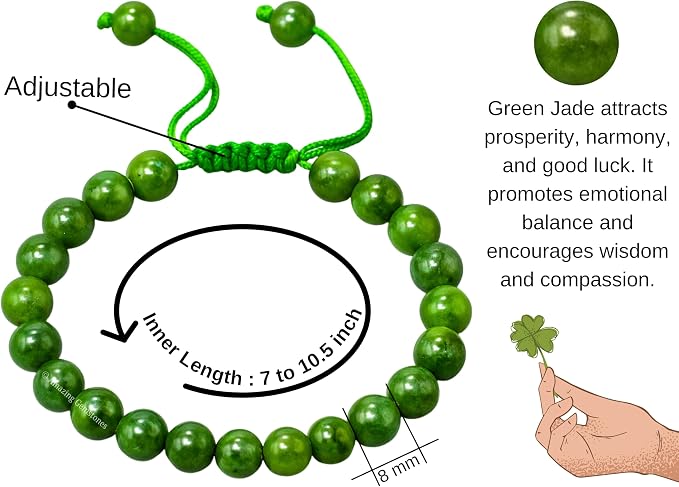 Amazing Gemstone Nephrite Green Jade Bracelet for Women Men's Gifts - Protection Healing Crystal Bracelet - 8mm Gemstone Beaded Adjustable Bracelet Pulseras para Hombres Mujer Stocking Stuffers