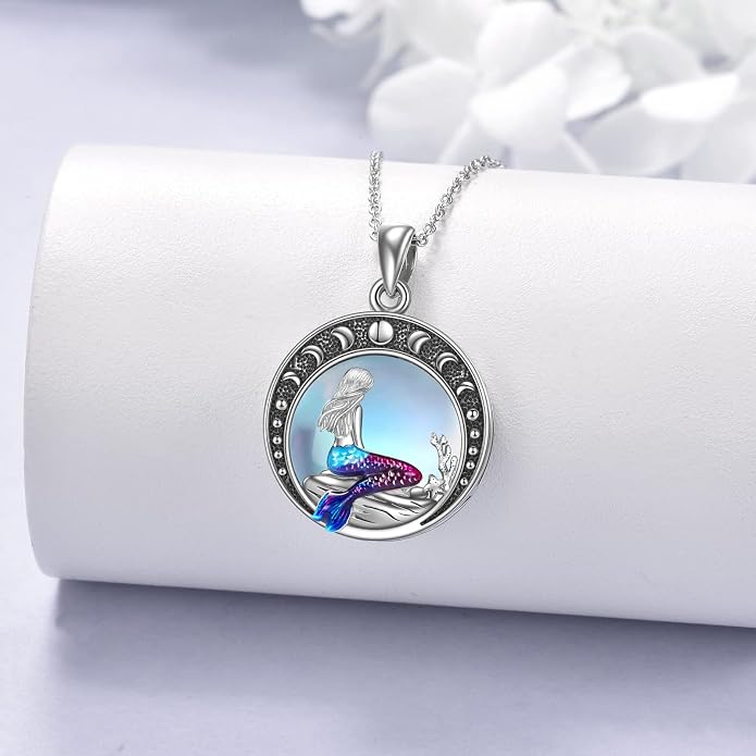 LUHE Mermaid Necklace Jewelry Gifts Sterling Silver Sea Mermaid Crescent Moon and Star Necklace with Flower Pendant Birthday Gifts for Daughter Women