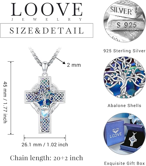 Celtic Cross Tree of Life Necklace for Women Sterling Silver Thor Hammer Tree of Life Pendant Irish Knot Cross Amulet Tree of Life Jewelry