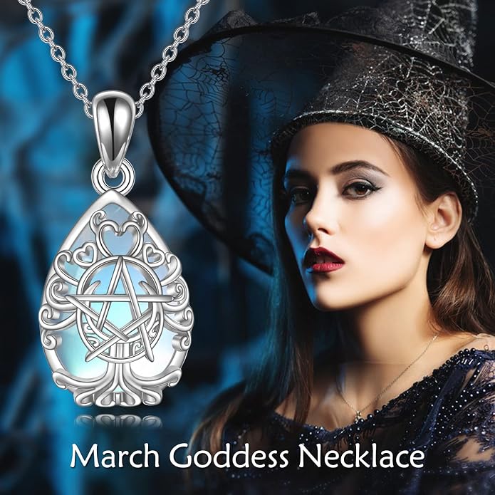 YFN Triple Moon Goddess Necklace Sterling Silver Pentagram Pentacle Opal Pendant necklace Pagan Wiccan Magic Amulet Tree of Life Jewelry for Women Men 18"