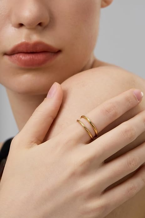 FRUMOS Gold Rings for Women,14K Gold Stacking Rings,Dainty Chunky Bamboo Heart Hammered Two Row Rings for Women Size 6/7/8/9