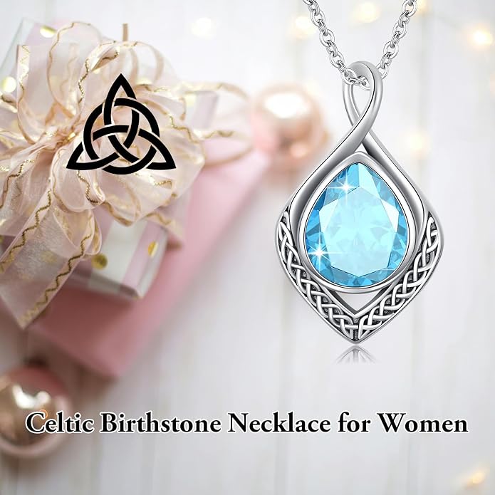 PELOVNY Celtic Knot Necklaces for Women 925 Sterling Silver Gemstone/Birthstone Teardrop Infinity Necklace Irish Celtic Pendant Jewelry Gifts for Mom Daughter Wife